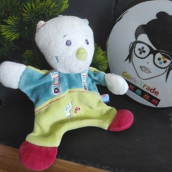 Doudou plat ours champignon chat blanc bleu vert rouge salopette  sucre d'orge