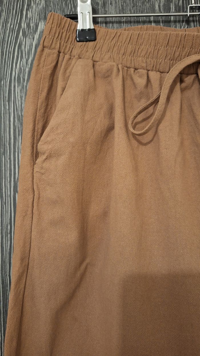 Pantalon décontracté coupe droite type lin marron - photo numéro 3