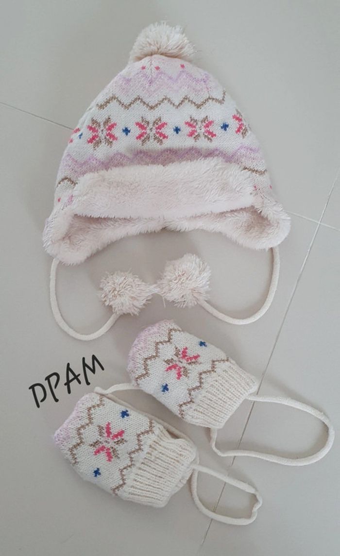 Ensemble bonnet et moufles polaire fille