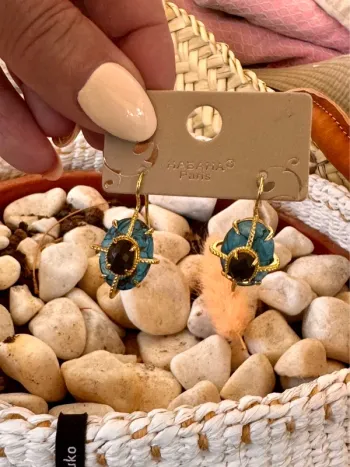 Boucles d’oreilles habaha paris véritables turquoise et obsidienne dorée acier inoxydable or zircons