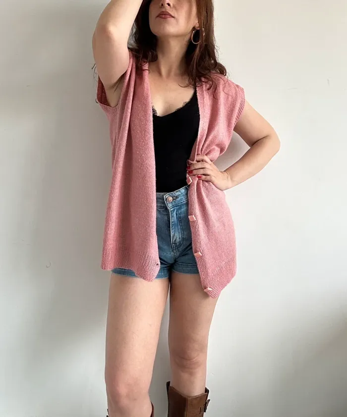 Gilet long en maille vintage rose taille XL - photo numéro 3