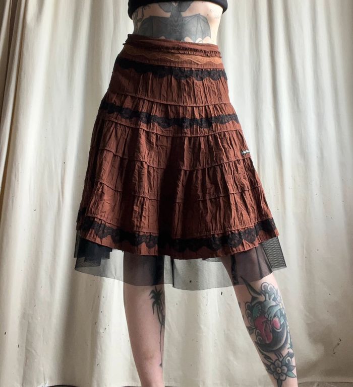 Jupe midi marron dentelle Witchy Fairygrunge vintage made in France 🇫🇷 90s - Taille S - photo numéro 4