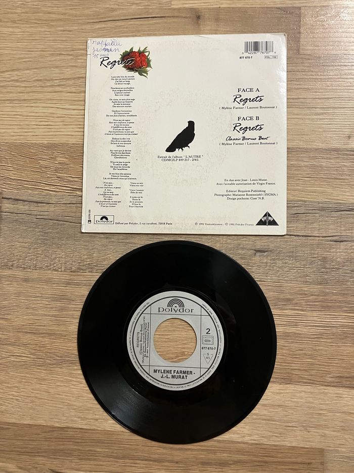Vinyle 45 tours-Mylène Farmer/Jean-Louis Murat-Regrets - photo numéro 2
