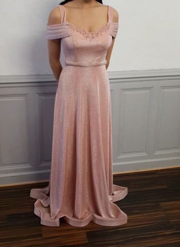 robe de soirée longue manche tombante rose pailletée taille 40
