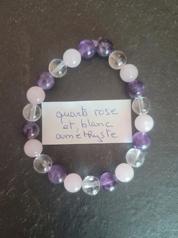 Bracelet en quartz rose, blanc et améthyste 8 mm