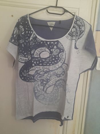 T-shirt blanc et bleu imprimé et strassé, marque IKKS, taille L