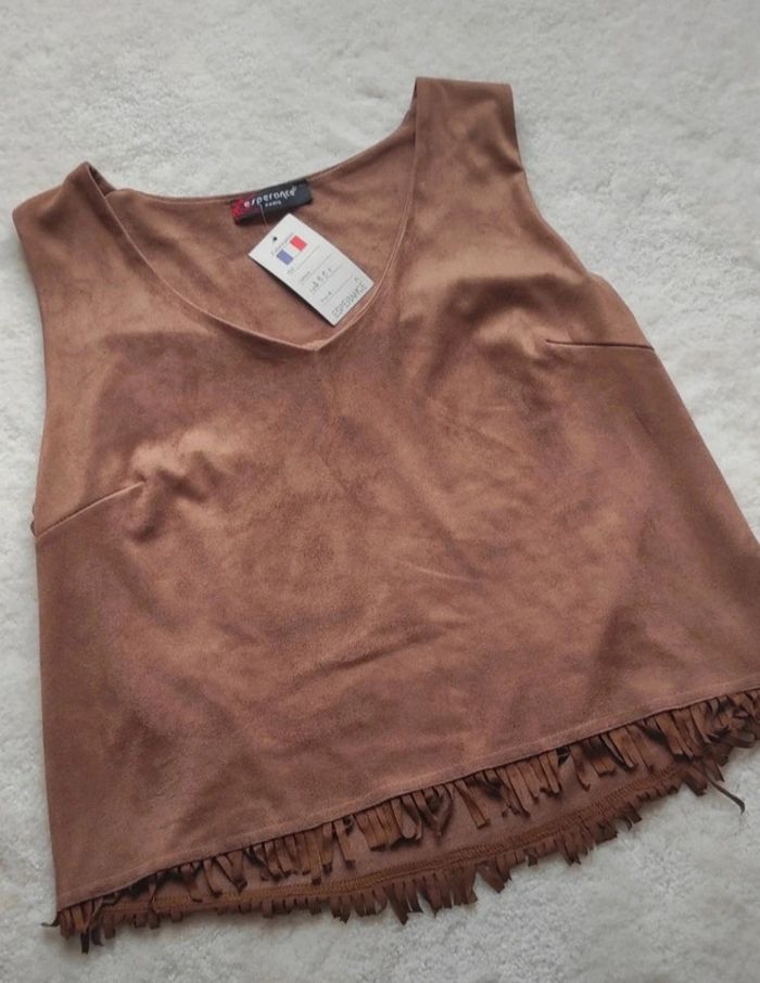 Débardeur Top en daim à franges marron neuf Esperance Paris croc top indien Pocahontas - photo numéro 7