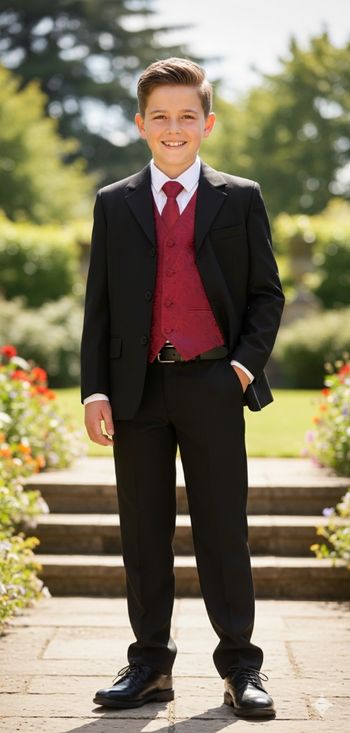 ​👔 Costume Enfant Complet 4 Pièces + Ceinture - Noir & Bordeaux - 10 ans