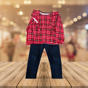Ensemble Fille Top Volants Écossais Rouge & Legging Bleu Marine