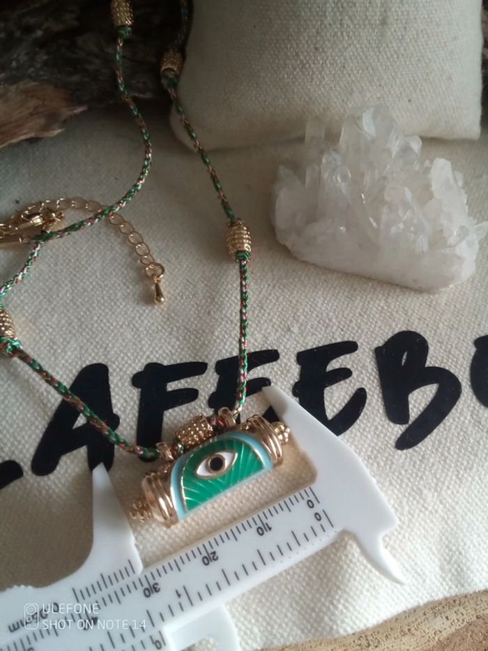 Collier talisman oeil et cordon en coton turquoise - photo numéro 2