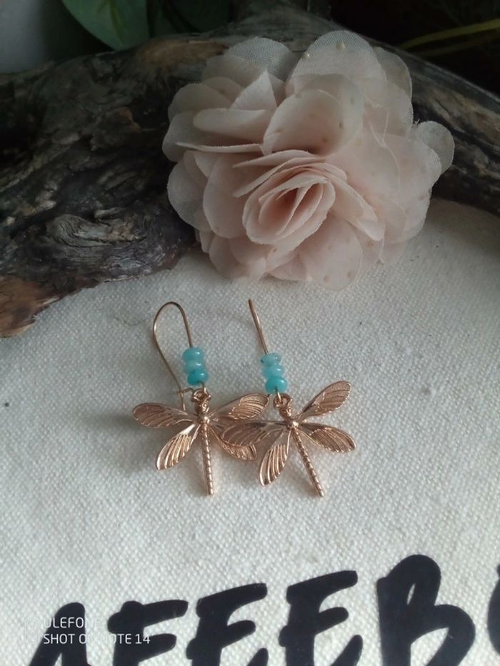 Boucles d'oreilles bohèmes libellules pierres amazonite naturelles