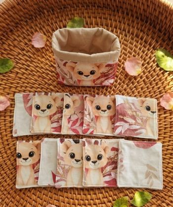 ​🦁 Lot de 10 Lingettes Lavables Bébé & Petit Panier Assorti - Thème Lionceau