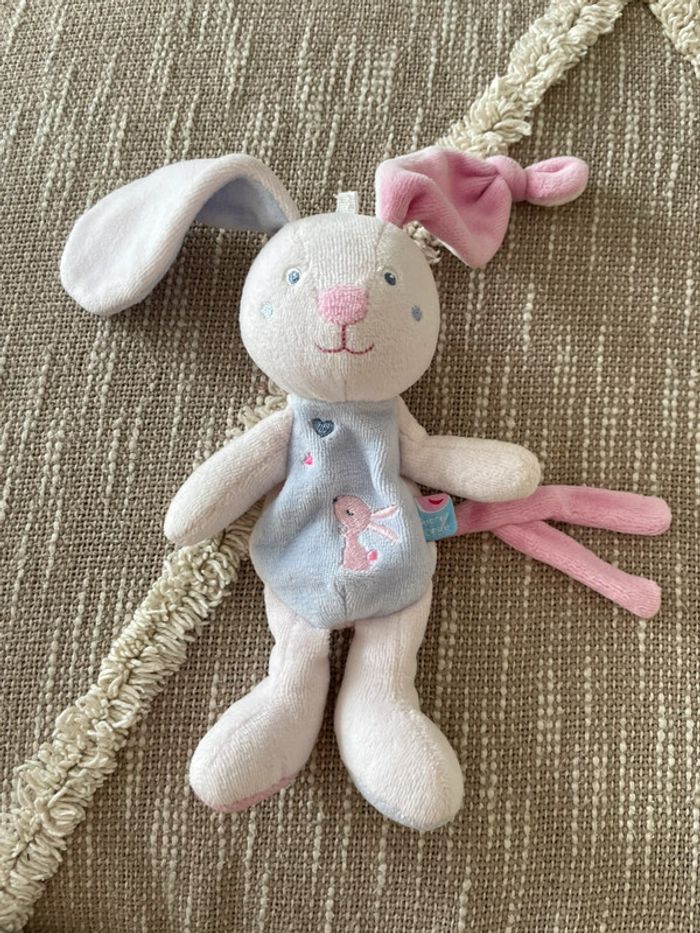 Peluche doudou 20cm Sucre d'Orge lapin blanc bleu rose cœur très bon état
