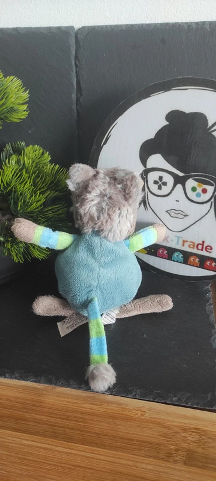 Peluche Wolfy loup Bulowski gris salopette bleu vert rayé rayure orange 15/20 Cm - photo numéro 2