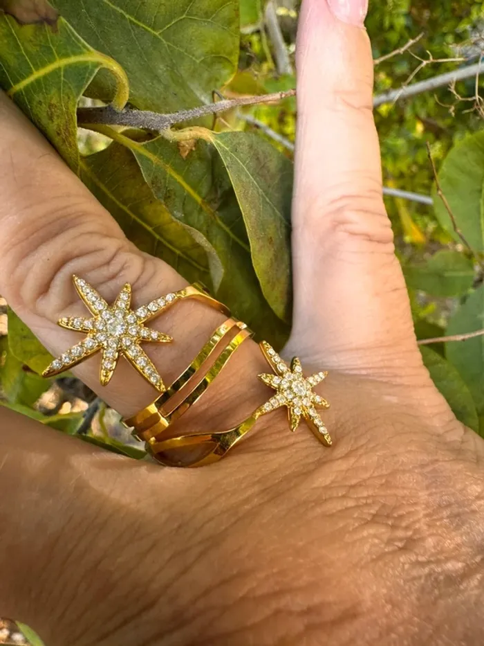 Grande acier inoxydable or étoile soleil zircons acier inoxydable or réglable - photo numéro 6