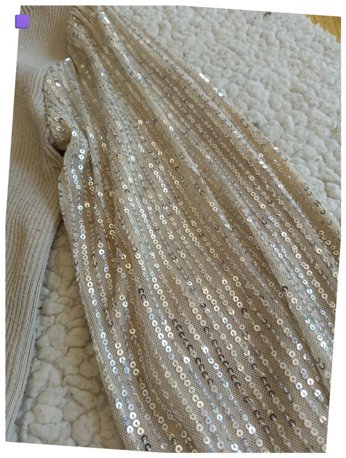 Pull beige manches sequins dorés chic paillettes boho - photo numéro 2
