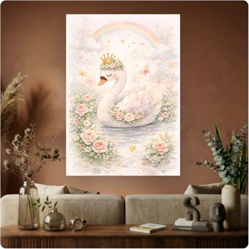 Affiche murale “Cygne Couronne Arc-en-ciel” illustration enfant féerique A3 Sans cadre