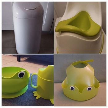 Lot 5 Accessoires Bébé Verts Grenouille Bavoir Assiette Poubelle À Couches Angelcare