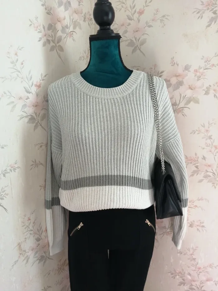 Pull en maille tricolore gris et blanc / tally weijl / (M)