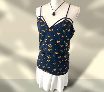 Top à bretelles bleu imprimé fleuri décolleté original neuf XL