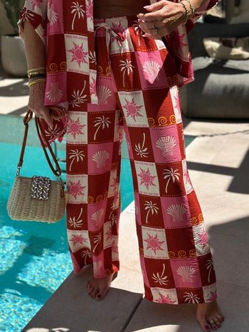 Pantalon d’été jambes larges, imprimé palmiers rose neuf taille unique