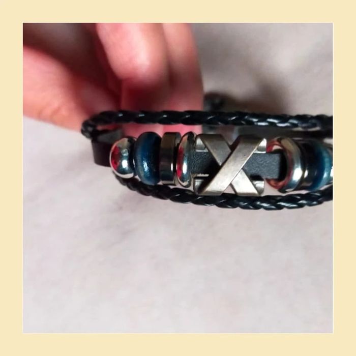 Bracelet homme cuir noir tressé – style rock avec perles métal et fermoir crochet - photo numéro 2