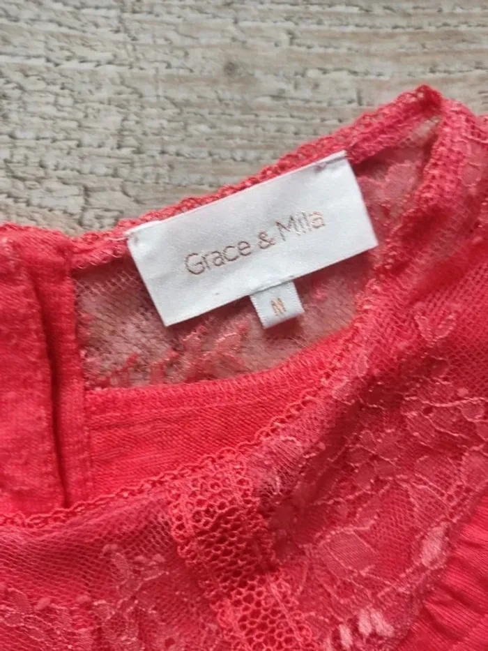 Blouse manches courtes corail et dentelles ajourée taille M Grace & Mila - photo numéro 9