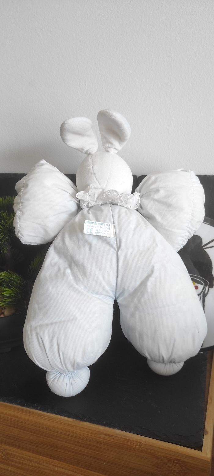 Doudou lapin rayé bleu Vite un calin moulin roty peluche blanc bleu ancien - photo numéro 2