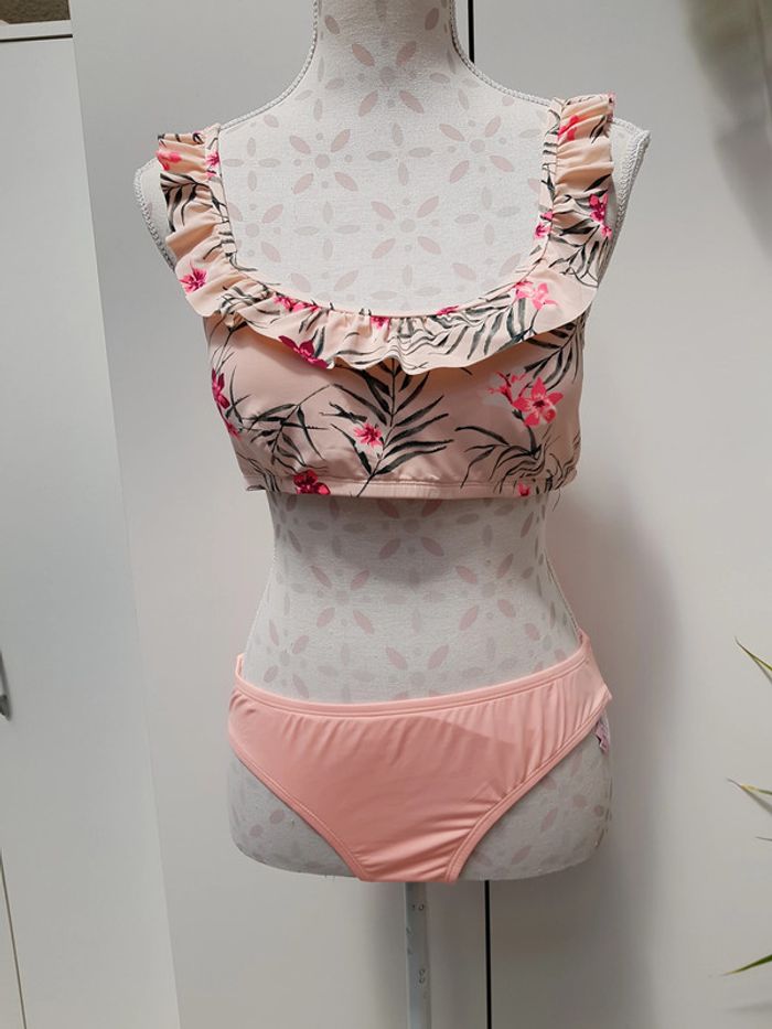 Maillot De Bain Avec Volant Et Fleurs Abricot Rose - photo numéro 2