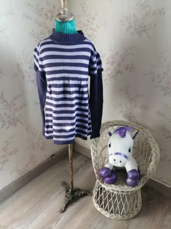 Pull tunique violet à rayures col montant / sans manches / (8ans)
