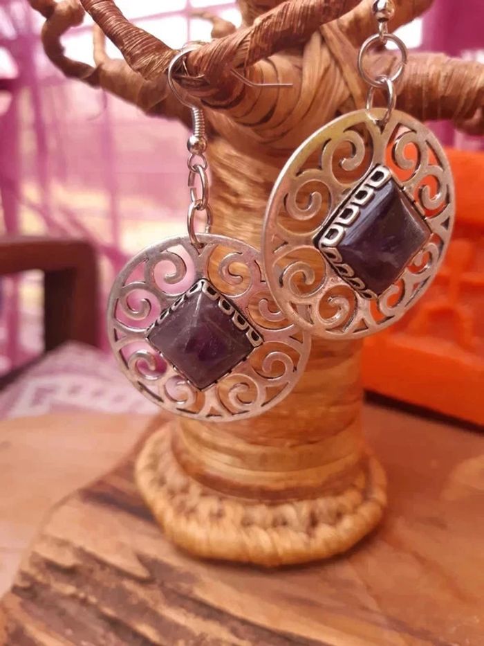 Boucles d'oreilles améthyste neuve - photo numéro 2