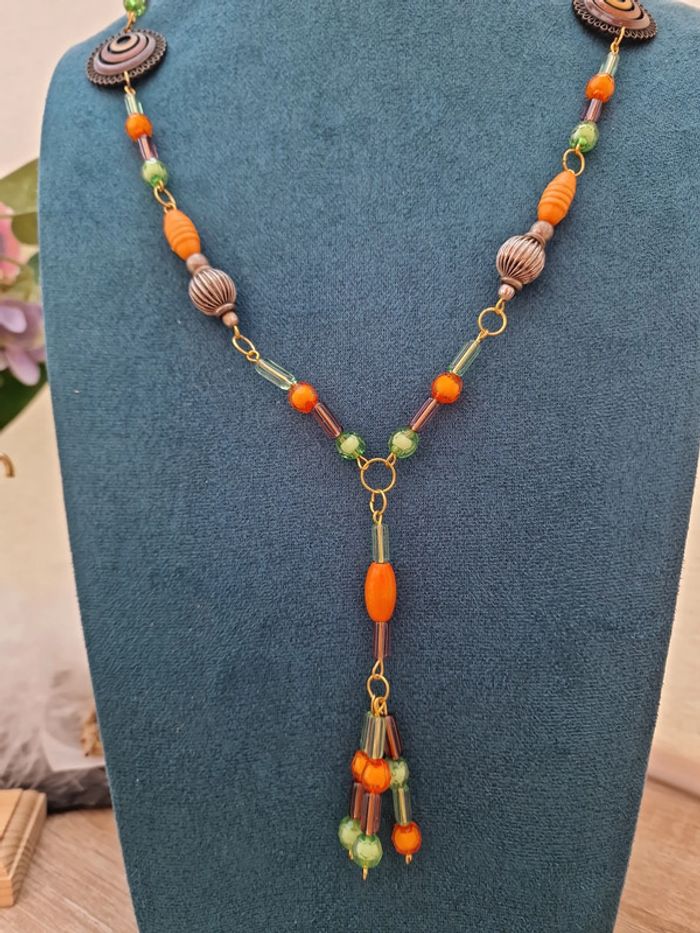 Collier Sautoir Doré Perles Orange Vert Marron - photo numéro 3