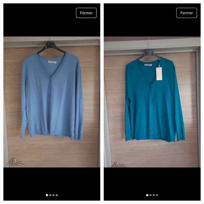 Gilets bleu ciel et turquoise Taille : 44 Prix : 10 € pièce