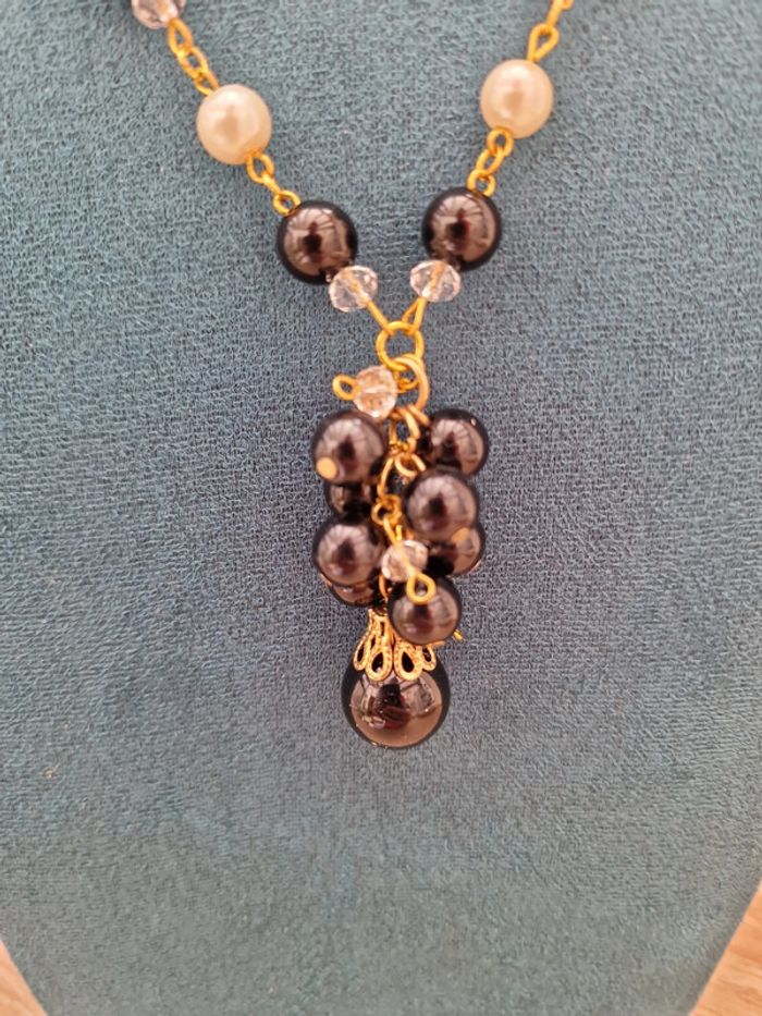 Collier Sautoir Grappe Doré Noir Et Blanc Cristal - photo numéro 6