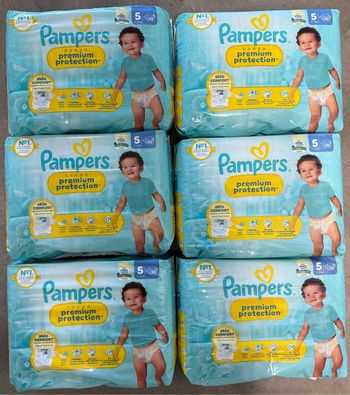 Lot de 6 paquets de couches Pampers Premium taille 5 (198 couches)