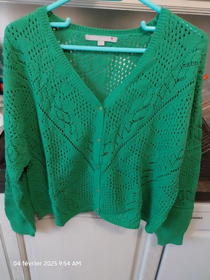Gilet col V, maille ajourée couleur vert - taille 46/48 - Blancheporte - photo numéro 3