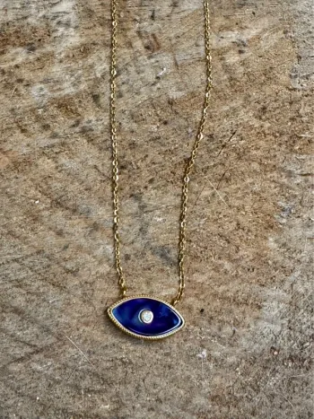 Collier chaîne réglable acier inoxydable or œil bleu lapis-lazuli cristal