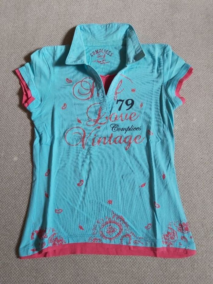 Polo Tee-shirt turquoise à motifs fuschia 12 ans - Complices