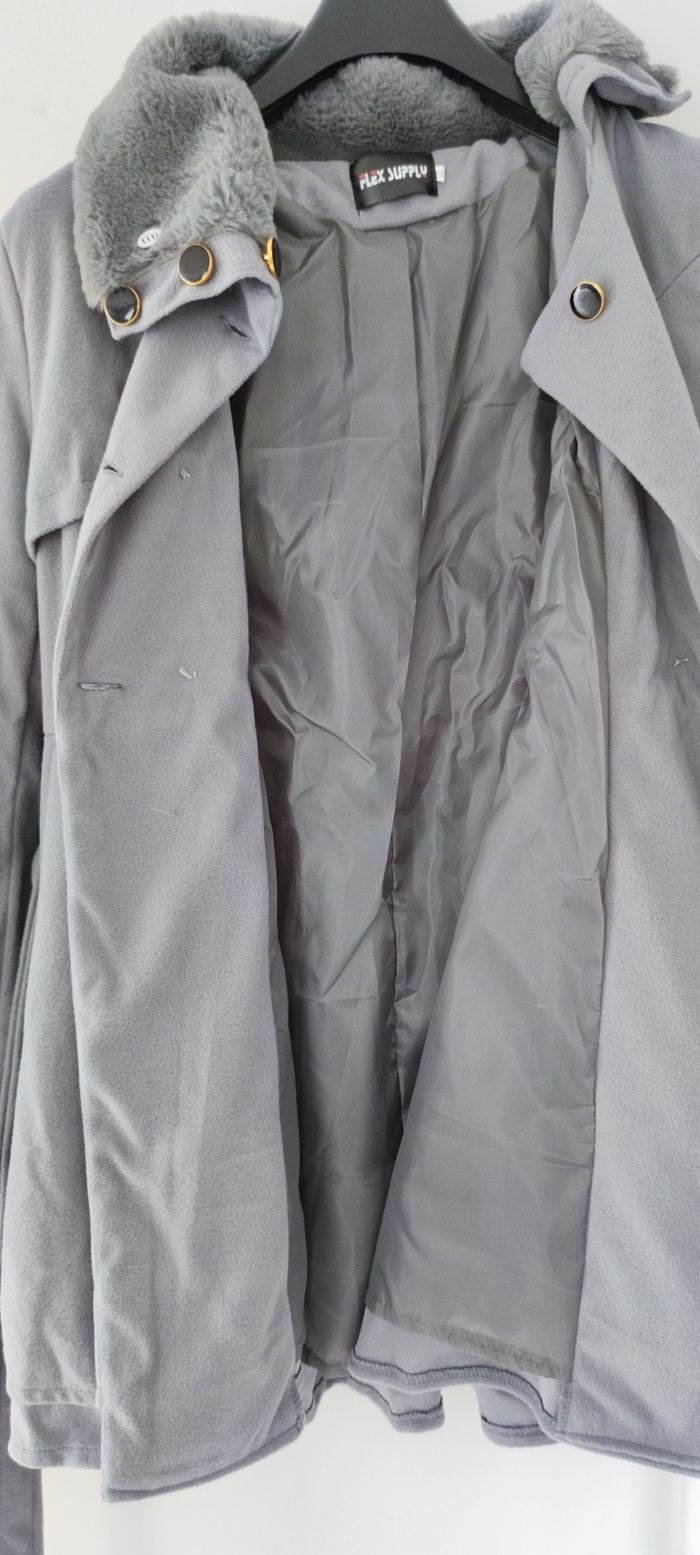 Manteau femme gris 3XL neuf col laine avec ceinture hiver - photo numéro 5