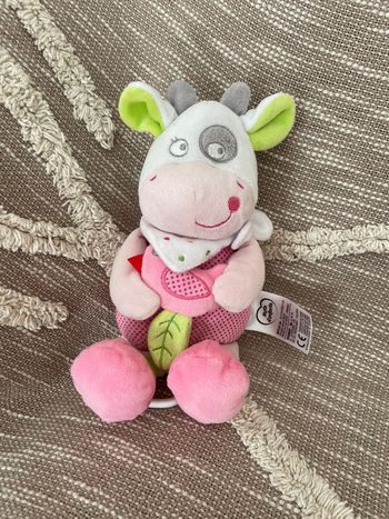 Peluche doudou musical 26cm mots d’enfants vache rose et blanche très bon état