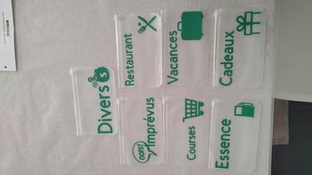 Lot de 7 enveloppes budgétaires plastifiées transparentes avec pictogrammes vert