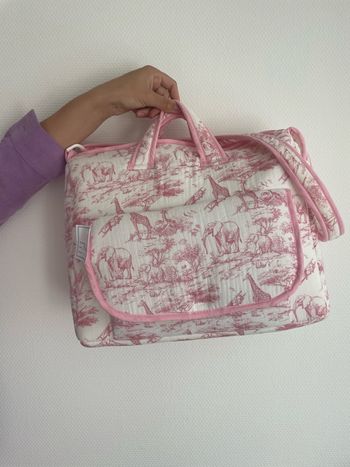 Sac à langer rose/bordeaux bébé naissance thème safari toile de jouy gaze de coton neuf