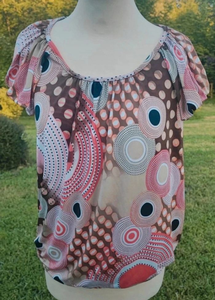 🧡blouse manche courte blanc orange vintage renato béné t s 36 m 38 extensible - photo numéro 5