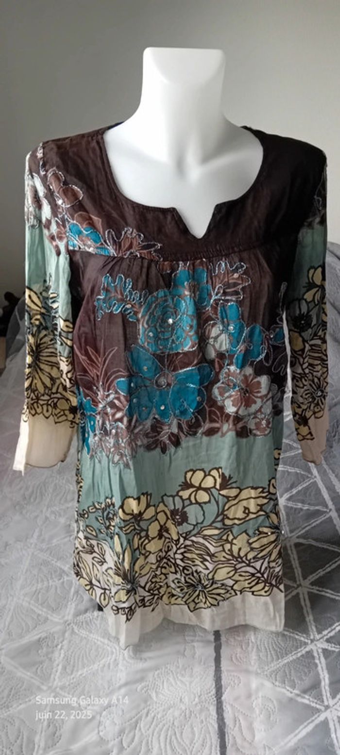 Robe tunique estivale semitransparente motif floral avec sequins multicolore femme XL - photo numéro 4