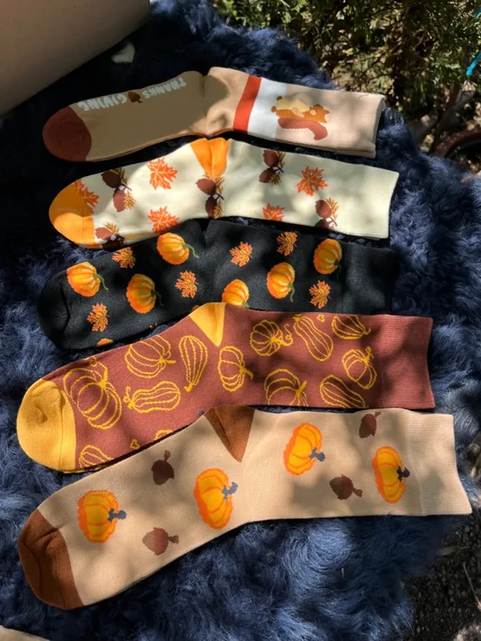 Lot de 5 paires de chaussettes thème automnal / citrouille / écureuil / glands