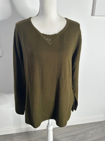 Pull en laine kaki et broderies Vintage T44 XXL