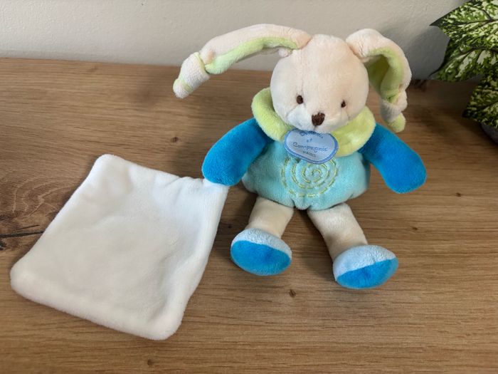 Doudou lapin bleu vert mouchoir blanc doudou et compagnie - photo numéro 2