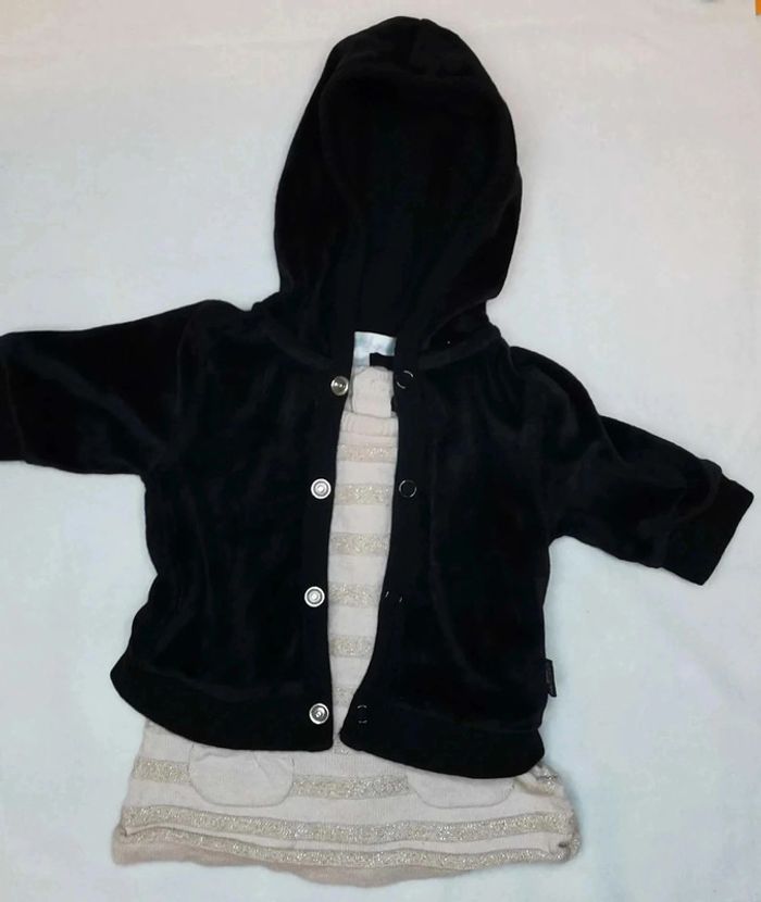 Veste 👣 sweat noire velours et tissu à capuche Kitchoun 1mois/54cm - photo numéro 5