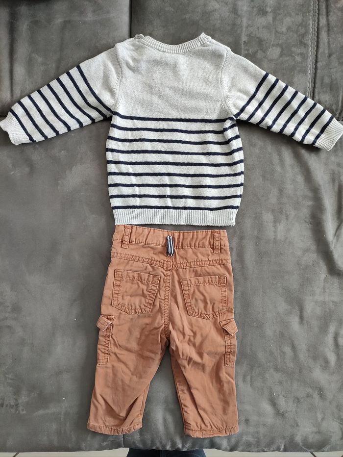 Ensemble deux pièces garçon 9 mois pull gris à rayures et pantalon marron - photo numéro 2