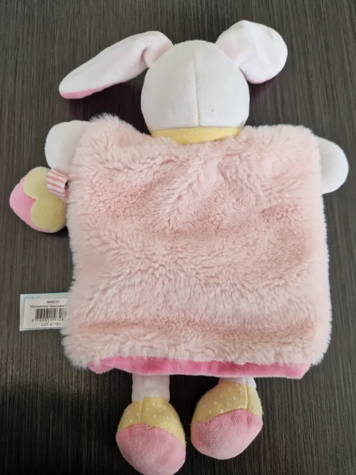 Baby'Nat Les Douillettes marionnette lapin rose blanc jaune fraise doudou peluche - photo numéro 4